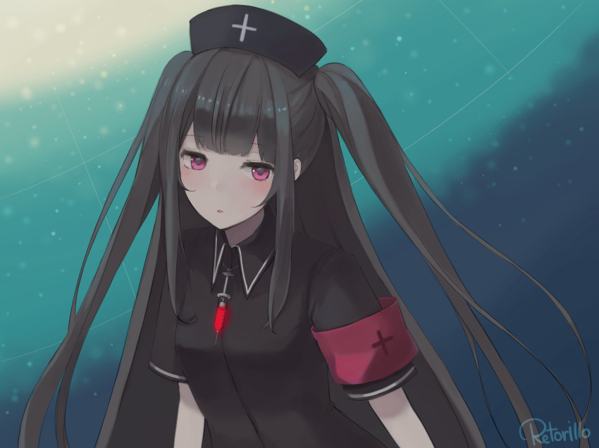 absurdres armband artist_name black_hair commentary_request cross hat highres jewelry light_blush long_hair minai_karte necklace nurse_cap parted_lips purple_eyes retorillo sidelocks solo syringe two_side_up upper_body virtual_clinic