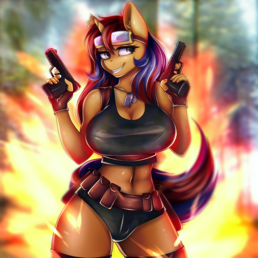 2018 anthro big_breasts blurred_background breasts cleavage clothed clothing dog_tags dual_wielding ear_piercing equine explosion eyelashes eyewear fan_character female fingerless_gloves fully_clothed gloves goggles grey_eyes grin gun hair handgun hi_res holding_object holding_weapon holster horn igazella legwear mammal midriff multicolored_hair my_little_pony navel outside piercing pistol portrait pose ranged_weapon shirt shorts smile solo standing sweet_voltage tank_top teeth thigh_highs three-quarter_portrait two_tone_hair unicorn weapon