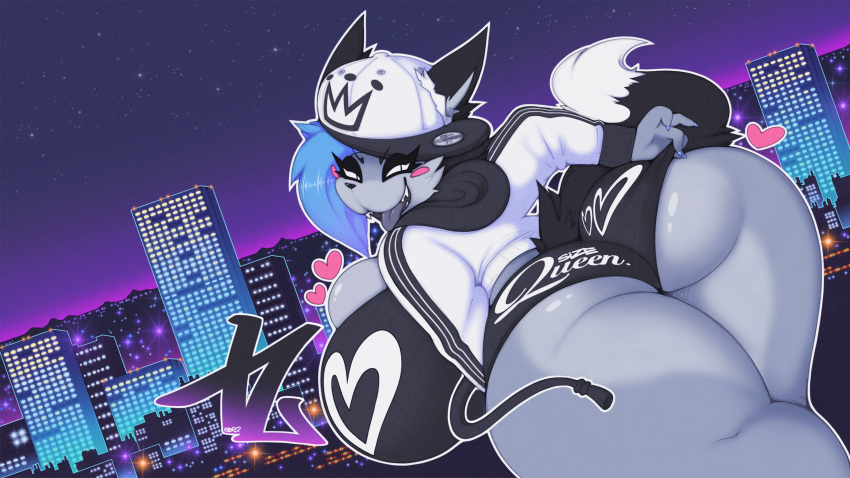 &lt;3 2018 anthro baseball_cap big_breasts big_butt black_tail blue_hair blue_nails blush breasts butt chav cleavage cleavage_spill clothed clothing colored_nails detailed_background dipstick_tail fangs female fur graffiti grey_fur grin hair hat hoodie mammal multicolored_tail sharp_teeth shorts slit_pupils smile smutbunny suzy_(sheazubutt) teeth thick_thighs tongue tongue_out white_tail wide_hips