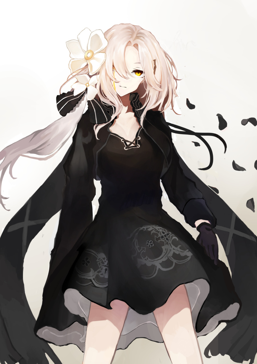 absurdres arthur_(aseo) bangs black_dress black_gloves black_jacket black_ribbon blood bloody_tears breasts cleavage closed_mouth collarbone commentary cropped_jacket dress expressionless flower girls_frontline gloves hair_between_eyes hair_flower hair_ornament hair_ribbon head_tilt high_heels highres holding holding_flower jacket leaning_on_object long_hair looking_at_hands mole mole_under_eye orange_eyes ribbon sidelocks steyr_aug_(girls_frontline) white_flower white_footwear wind yellow_blood