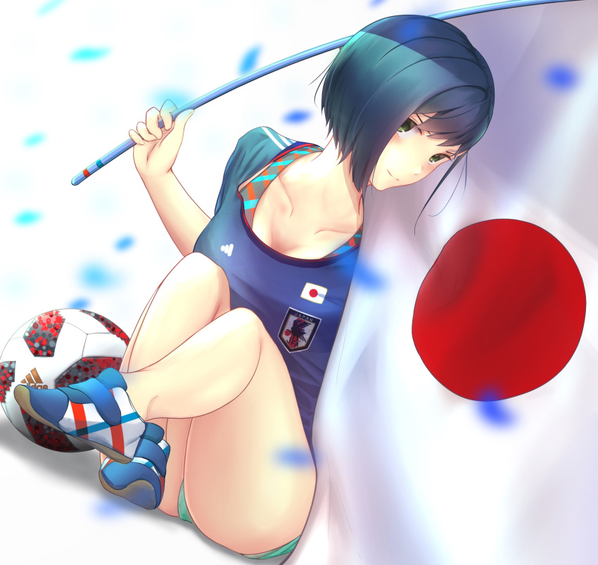 2018_fifa_world_cup aotsuki_kaoru ball blonde_hair blush breasts cleavage darling_in_the_franxx food fruit green_eyes highres ichigo_(darling_in_the_franxx) japan japanese_flag short_hair shorts simple_background smile soccer soccer_ball soccer_uniform solo sportswear strawberry telstar_18 white_background world_cup