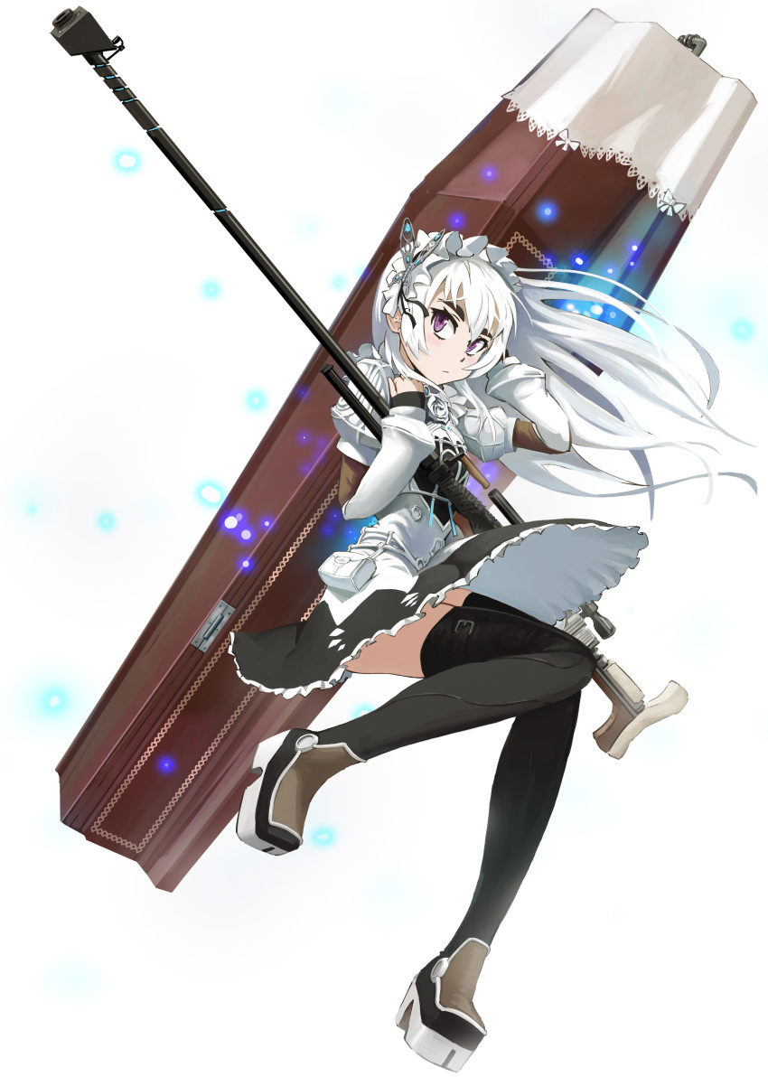 absurdres bangs black_legwear chaika_trabant closed_mouth coffin dress flower frilled_dress frills frown full_body gun hair_between_eyes hairband highres hitsugi_no_chaika lolita_hairband long_hair long_sleeves purple_eyes rose simple_background solo thick_eyebrows thighhighs weapon white_background white_flower white_hair white_rose youguang_liangliang