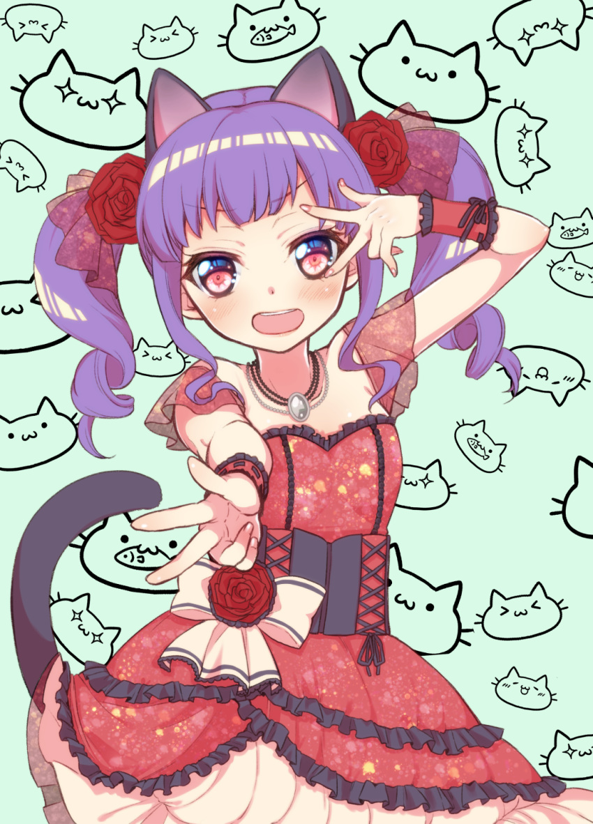 animal_ears aqua_background bang_dream! bangs cat cat_ears cat_tail commentary_request corset cross-laced_clothes curly_hair double_w dress flower frilled_dress frills hair_flower hair_ornament highres jewelry kemonomimi_mode light_blush looking_at_viewer necklace open_mouth outstretched_arm patterned_background red_dress red_eyes red_flower red_rose rose round_teeth short_sleeves sidelocks solo tail teeth textless tsurugi_hikaru twintails udagawa_ako upper_teeth w w_over_eye wrist_cuffs