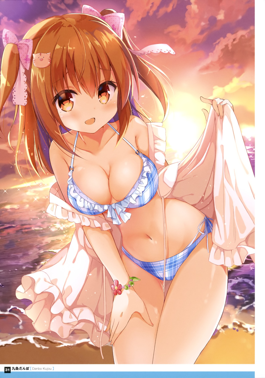 :d absurdres ass_visible_through_thighs bikini bow bracelet breasts brown_eyes brown_hair cat_hair_ornament cleavage collarbone cowboy_shot dengeki_moeou dusk eyebrows_visible_through_hair hair_between_eyes hair_bow hair_ornament hand_on_lap highres holding jewelry kujou_danbo leaning_forward long_hair looking_at_viewer medium_breasts navel open_mouth outdoors page_number pink_bow side-tie_bikini smile solo standing swimsuit twintails