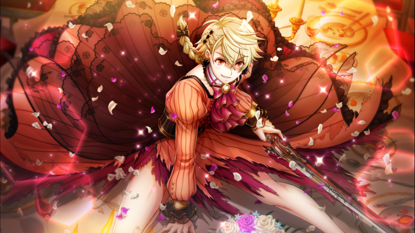 &gt;:d 1boy action androgynous antique_firearm bare_legs blonde_hair bow braid crossdressing detached_collar dress earrings eyebrows_visible_through_hair firearm game_cg gun hair_bow highres holding holding_gun holding_weapon jewelry long_sleeves male_focus margarita_(senjuushi) multicolored_hair orange_dress orange_eyes orange_hair petals see-through senjuushi:_the_thousand_noble_musketeers squatting striped striped_dress torn_clothes torn_dress trap two-tone_hair weapon