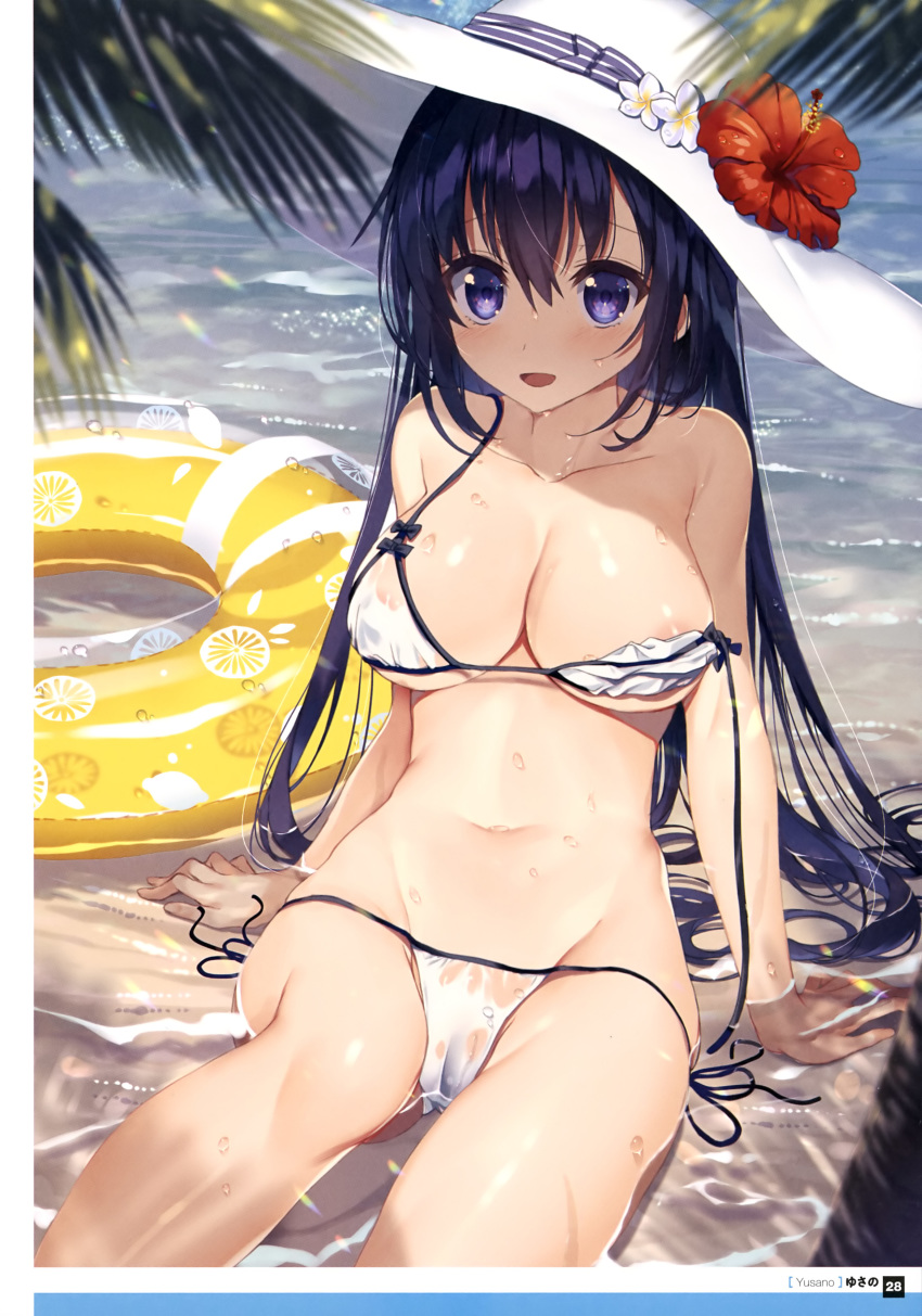 absurdres areola_slip areolae arm_support artist_name banned_artist bikini blush breasts cleavage dengeki_moeou flower hair_between_eyes hat hat_flower hibiscus highres innertube large_breasts long_hair looking_at_viewer open_mouth purple_eyes purple_hair scan sidelocks smile solo strap_slip sun_hat swimsuit water wet wet_hair white_bikini yusano