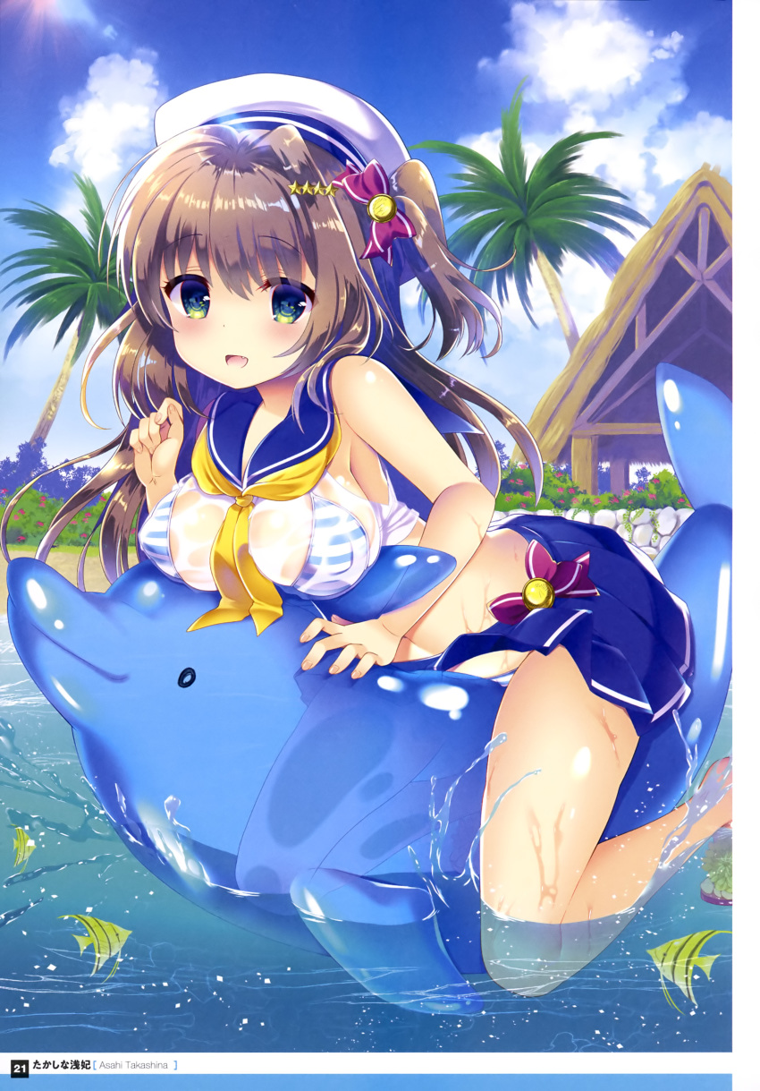 :d absurdres artist_name bare_shoulders beach bikini black_eyes blue_sailor_collar blue_skirt blue_sky blue_stripes blush bow bow_skirt breasts cloud cloudy_sky covered_nipples crop_top day dengeki_moeou eyebrows_visible_through_hair eyes_visible_through_hair fang fish fish_request flower flower_request framed_image grass green_eyes hair_bow hair_ornament hand_up handkerchief hat highres inflatable_dolphin inflatable_toy large_breasts light_brown_hair long_hair looking_at_viewer miniskirt nail_polish navel official_art one_side_up open_mouth original page_number pink_footwear pink_nails pleated_skirt print_bow purple_bow red_flower sailor_collar sand sandals scan see-through shiny shiny_skin shirt single_stripe skirt sky sleeveless sleeveless_shirt smile solo splashing star star_hair_ornament striped striped_bikini sunlight swimsuit takashina_asahi tongue water wet wet_clothes wet_shirt white_hat white_shirt white_stripes yellow_neckwear