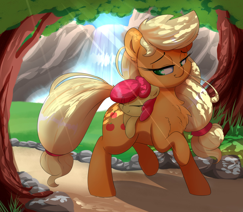 2018 absurd_res apple_bloom_(mlp) applejack_(mlp) blonde_hair cub cutie_mark digital_media_(artwork) duo earth_pony equine eyes_closed female feral friendship_is_magic hair hi_res horse long_hair madacon mammal my_little_pony outside pony sibling sisters tree waterfall young