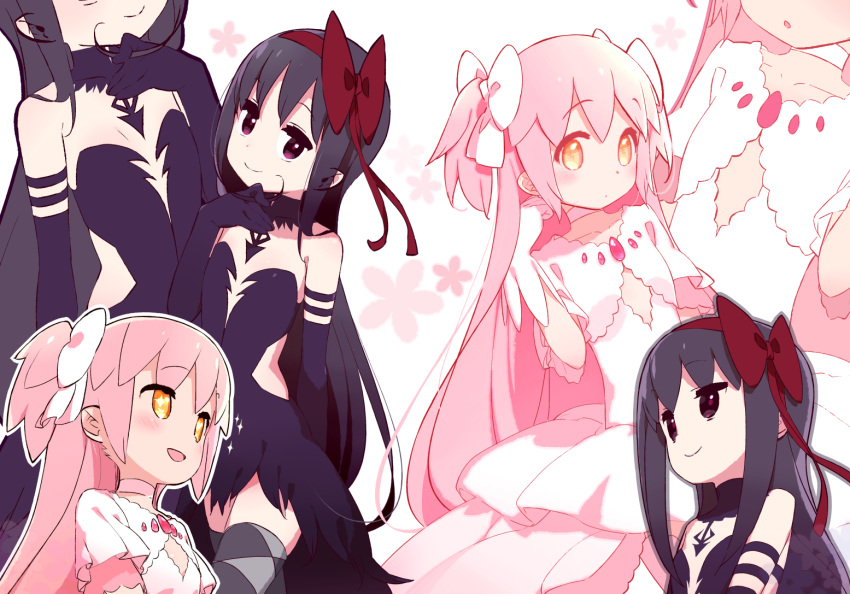 akemi_homura akuma_homura blush bow choker dress elbow_gloves flat_chest floral_background gloves hair_bow hair_ribbon hair_twirling kaname_madoka long_hair mahou_shoujo_madoka_magica mahou_shoujo_madoka_magica_movie multiple_girls multiple_views pink_hair purple_dress purple_eyes purple_gloves purple_hair ribbon smile sparkle thighhighs two_side_up ultimate_madoka white_background white_dress white_gloves yellow_eyes yoru_nai