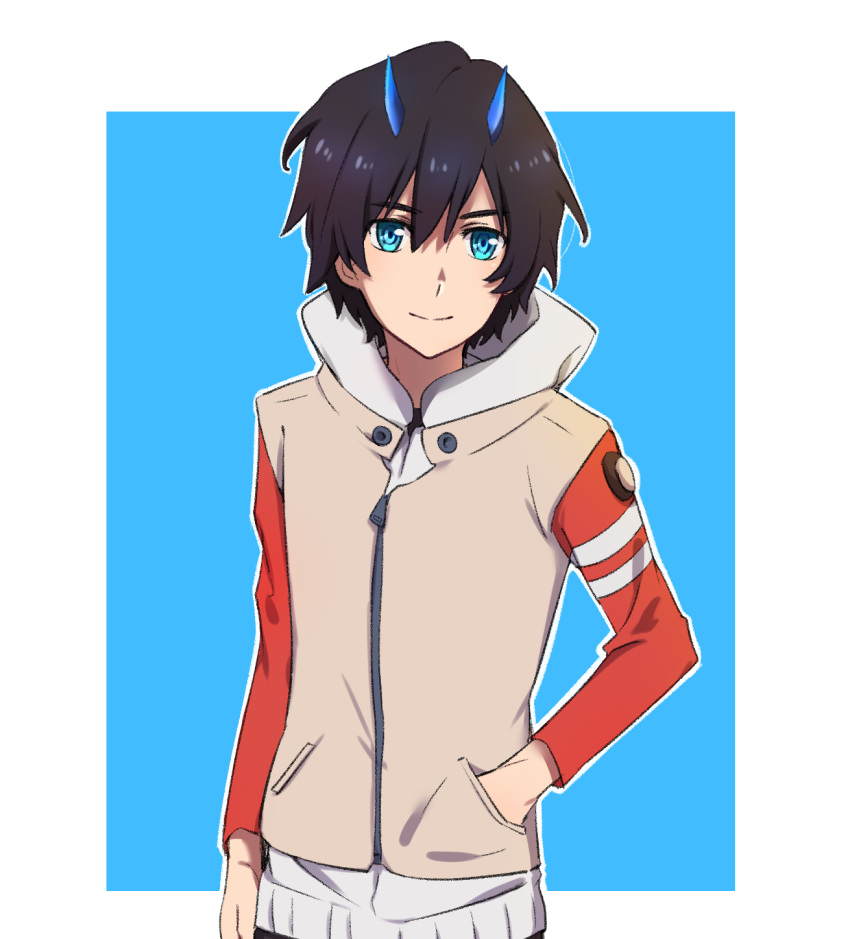 bangs beige_jacket black_hair blue_eyes blue_horns commentary cosplay darling_in_the_franxx english_commentary eureka_seven eureka_seven_(series) eyebrows_visible_through_hair hand_in_pocket highres hiro_(darling_in_the_franxx) hood hooded_jacket horns jacket k_016002 looking_at_viewer male_focus oni_horns renton_thurston renton_thurston_(cosplay) solo spoilers