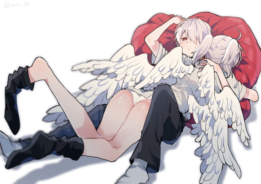 1girl ahoge angel_chromosome_xx ass bangs black_legwear black_pants closed_mouth eyebrows_visible_through_hair feathered_wings grey_legwear hair_over_one_eye ikeuchi_tanuma kneehighs kneehighs_pull lying nagisa_kaworu neon_genesis_evangelion no_shoes on_back on_stomach panties pants pantyshot pantyshot_(lying) pillow pillow_hug red_eyes shadow shirt short_sleeves silver_hair socks sweat tabris tabris-xx twitter_username two_side_up underwear white_background white_panties white_shirt white_wings wings