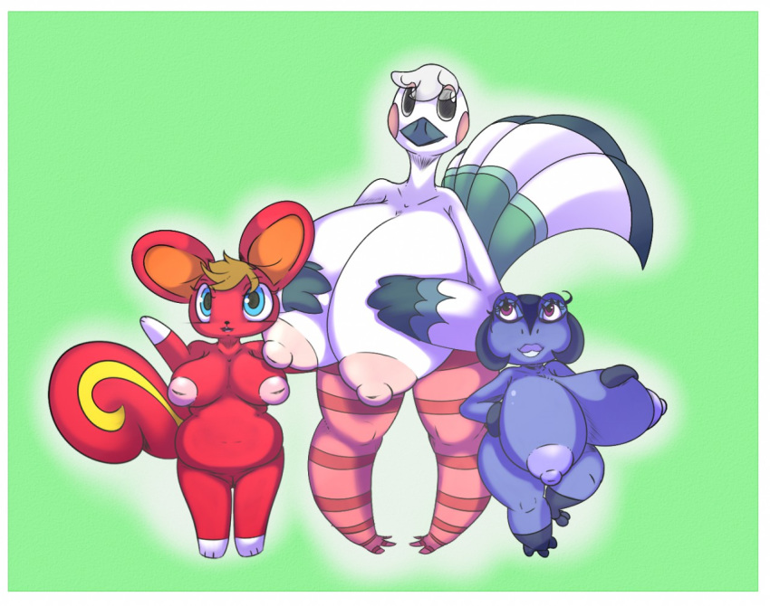 2016 3_fingers 3_toes amphibian animal_crossing anthro anthrofied avian barely_visible_genitalia beak big_breasts biped bird bird_feet black_eyes black_nose blanche_(animal_crossing) border breast_size_difference breasts brown_hair caroline_(animal_crossing) collarbone curled_tail digital_drawing_(artwork) digital_media_(artwork) diva_(animal_crossing) eyelashes eyeshadow feather_hands feathered_wings feathers female flare-zen frog front_view full-length_portrait gloves_(marking) gradient_background green_background green_feathers green_tail grey_beak group hair hand_on_breast hand_on_hip huge_breasts hyper hyper_breasts inverted_nipples knock_kneed lipstick long_tail looking_at_viewer looking_up makeup mammal markings mascara multicolored_feathers nintendo nipples non-mammal_breasts nude open_mouth open_smile ostrich outline overweight overweight_female pink_nipples portrait puffy_nipples purple_eyes purple_hair purple_nipples purple_skin pussy red_eyes red_pussy red_tail rodent short_hair shortstack simple_background size_difference smile socks_(marking) squirrel standing subtle_pussy tail_feathers thick_thighs toes two_tone_feathers two_tone_tail video_games white_border white_feathers white_hair white_lipstick white_tail wide_hips winged_arms wings yellow_tail