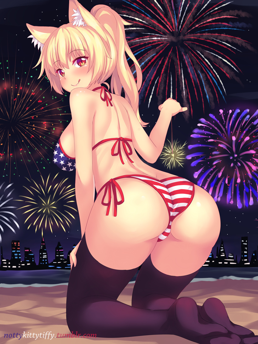 :q america american_flag_bikini animal_ears artist_self-insert ass back bangs bare_shoulders beach bikini black_legwear blonde_hair blush breasts cat_ears eyebrows_visible_through_hair fast-runner-2024 fireworks flag_print fourth_of_july full_body hair_between_eyes halter_top halterneck highres kneeling large_breasts long_hair looking_at_viewer looking_back night no_shoes original outdoors red_eyes side-tie_bikini slit_pupils smile solo star star_print striped striped_bikini_bottom swimsuit thighhighs tiffy tongue tongue_out watermark web_address