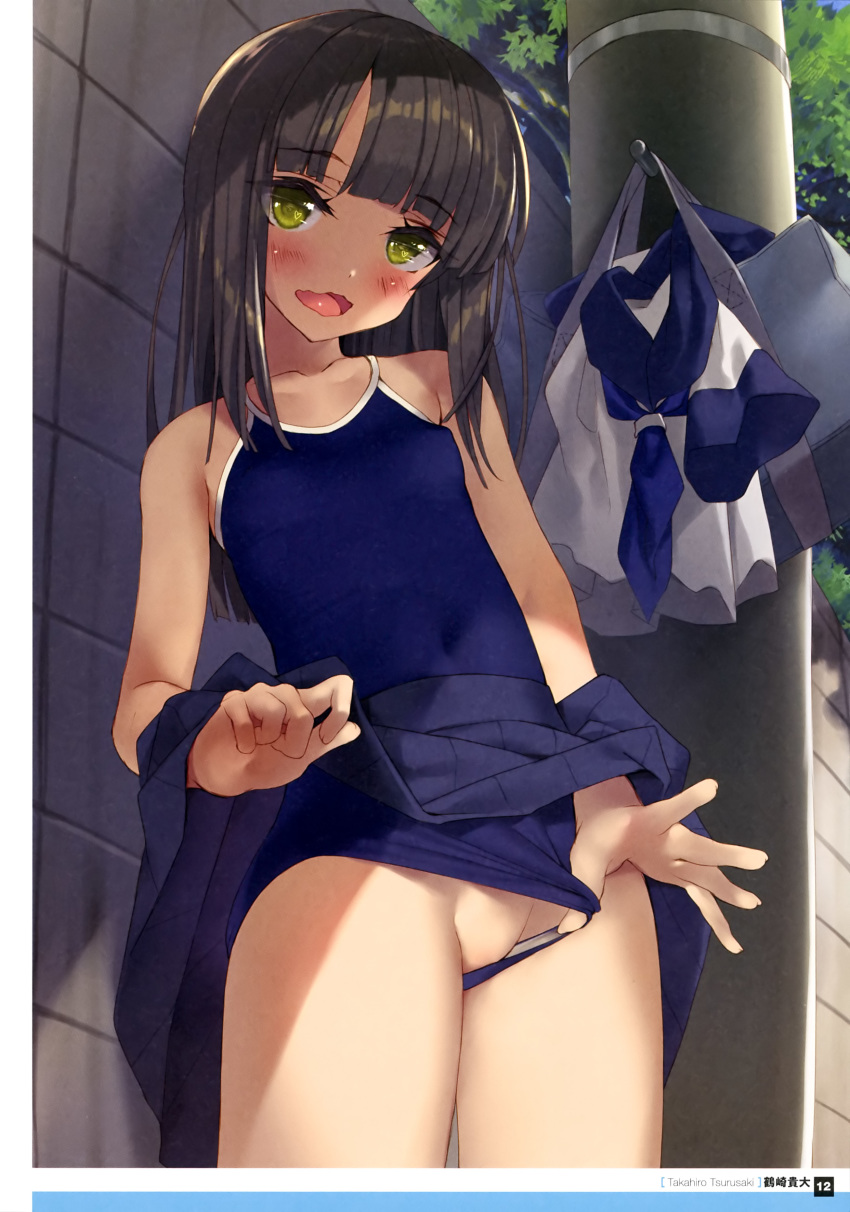 absurdres artist_name bag bangs bare_shoulders blue_neckwear blue_sailor_collar blue_skirt blue_swimsuit blunt_bangs blush breasts brown_hair collarbone competition_school_swimsuit covered_navel covered_nipples cowboy_shot dappled_sunlight day dengeki_moeou eyebrows_visible_through_hair eyes_visible_through_hair fingernails framed_image from_below grey_bag groin hand_under_clothes hand_under_skirt handkerchief heart heart_in_eye highres looking_at_viewer official_art one-piece_swimsuit open_mouth original outdoors page_number pleated_skirt sailor_collar scan school_bag school_swimsuit school_uniform shiny shiny_hair shirt shirt_removed skindentation skirt skirt_lift small_breasts solo standing sunlight swimsuit swimsuit_aside symbol_in_eye tongue tree tsurusaki_takahiro wall wavy_mouth white_shirt yellow_eyes