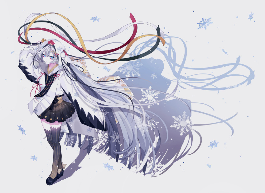 absurdly_long_hair absurdres bakku_(fspz4427) bangs bell blue_eyes hatsune_miku highres jingle_bell kagura_suzu long_hair looking_at_viewer musical_note musical_note_hair_ornament musical_note_print open_mouth pleated_skirt shadow silver_hair skirt snowflakes solo striped striped_legwear thighhighs vertical-striped_legwear vertical_stripes very_long_hair vocaloid white_background yuki_miku