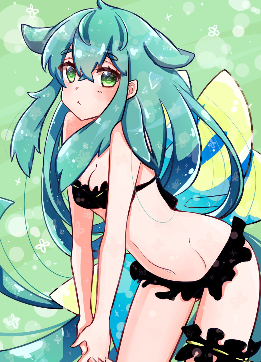 1girl bikini black_bikini cleavage gatchaman_crowds green_eyes green_hair long_hair swimsuit utsutsu very_long_hair