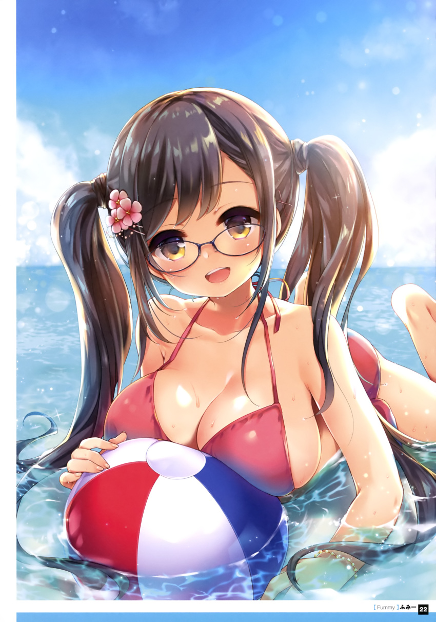 :d absurdres artist_name ass ball bare_legs bare_shoulders barefoot beachball bikini blue-framed_eyewear blue_sky blush breasts brown_hair cleavage cloud cloudy_sky collarbone day dengeki_moeou eyebrows_visible_through_hair fingernails flower flower_request framed_image fummy glasses hair_flower hair_ornament hairclip hand_on_floor highres holding holding_ball large_breasts legs_up looking_at_viewer lying official_art on_floor on_stomach open_mouth original outdoors page_number pink_flower red_bikini round_teeth scan shallow_water shiny shiny_hair side-tie_bikini skindentation sky smile solo sparkle swimsuit teeth tongue twintails uneven_twintails water wet x_hair_ornament yellow_eyes