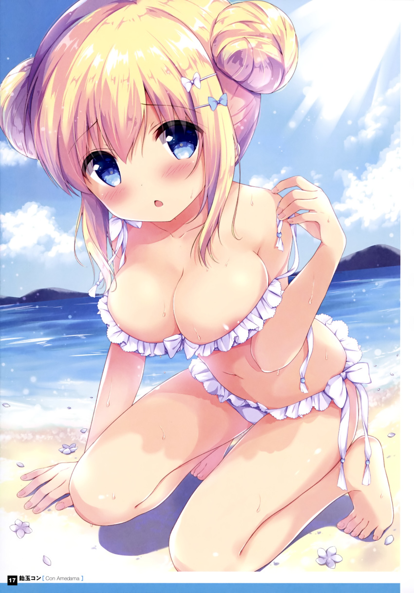 :o absurdres amedamacon areola_slip areolae arm_support artist_name bare_legs barefoot beach bikini blonde_hair blue_bow blue_eyes blue_sky blush body_blush bow bow_bikini breasts cloud cloudy_sky collarbone day dengeki_moeou double_bun embarrassed eyebrows_visible_through_hair eyes_visible_through_hair flower flower_request framed_image frilled_bikini frills hair_between_eyes hair_bow highres large_breasts minibow mountain nail_polish navel official_art original outdoors page_number petals pink_nails sand scan shiny shiny_hair side-tie_bikini sky solo sunlight swimsuit toes tongue untied untied_bikini wardrobe_malfunction water wet white_background white_bow white_flower white_frills