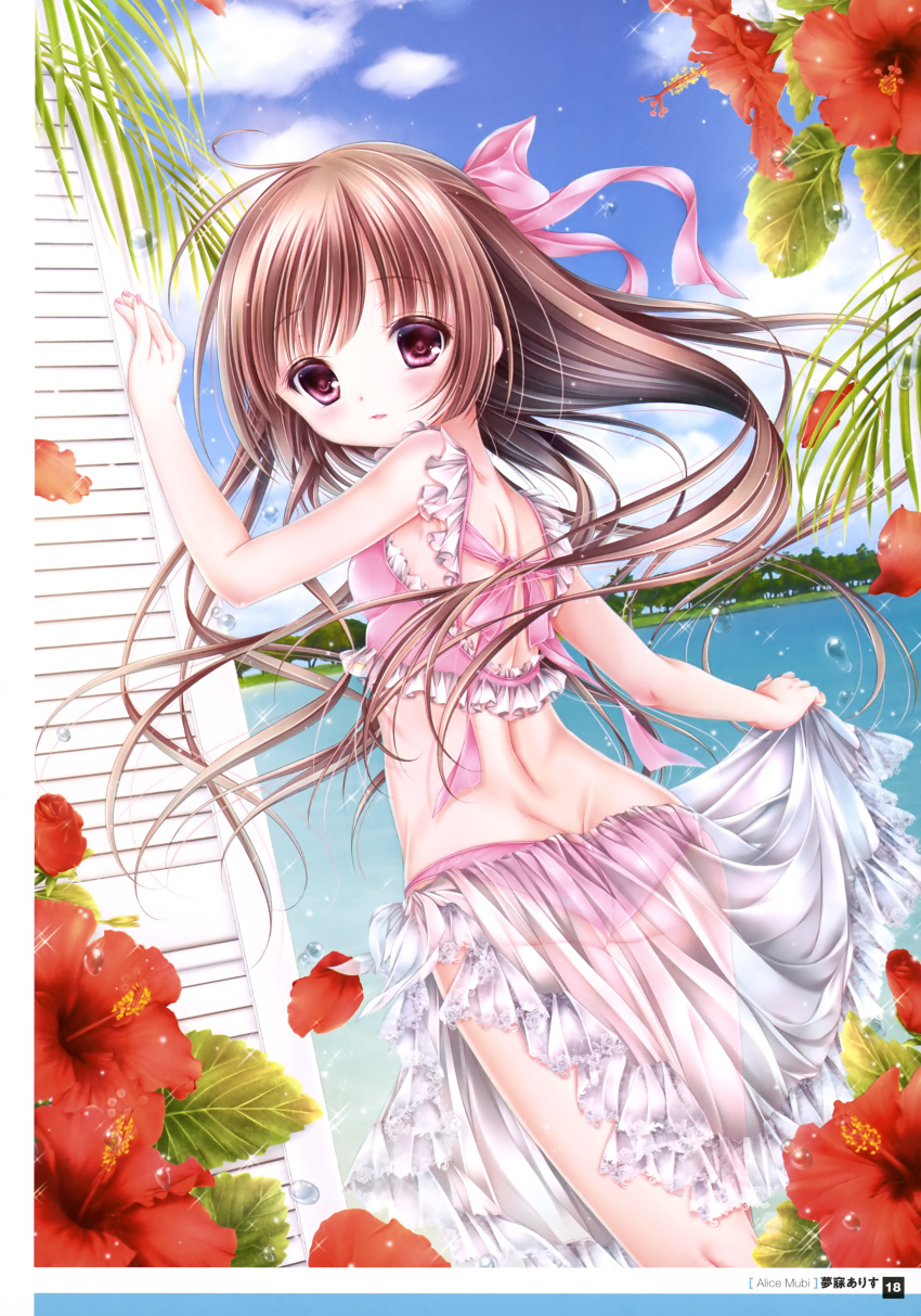 absurdres armpits artist_name ass bikini blue_sky blush body_blush bow breasts butt_crack cloud cloudy_sky day dengeki_moeou dimples_of_venus door eyebrows_visible_through_hair floating_hair flower framed_image frilled_bikini frills grass hair_bow hibiscus highres kneepits leaf light_brown_hair long_hair looking_at_viewer looking_back medium_breasts mubi_alice nail_polish official_art original outdoors page_number parted_lips pink_bow pink_eyes pink_nails pinky_out red_flower sarong sarong_lift scan see-through shore shoulder_blades skindentation sky solo sparkle swimsuit tongue tree water water_drop white_frills white_sarong