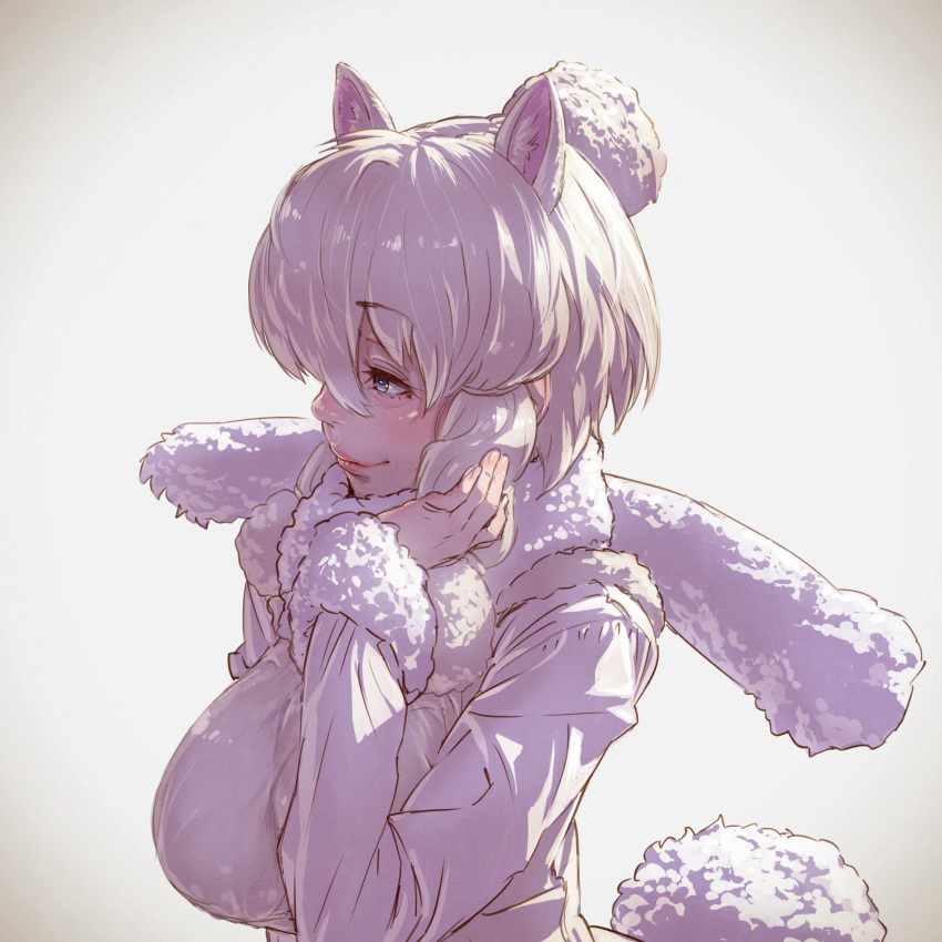 alpaca_ears alpaca_suri_(kemono_friends) alpaca_tail animal_ear_fluff animal_ears bangs blonde_hair blue_eyes breasts bright_pupils closed_mouth extra_ears eyebrows_visible_through_hair from_side fur-trimmed_sleeves fur_collar fur_trim hair_between_eyes highres horizontal_pupils kemono_friends large_breasts long_sleeves nose platinum_blonde_hair profile realistic short_hair smile solo tail takami_masahiro upper_body white_pupils