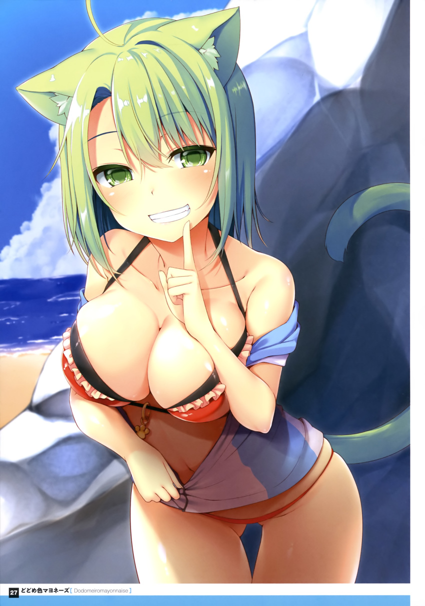 absurdres ahoge animal_ears artist_name ass_visible_through_thighs asymmetrical_bangs bangs bikini blue_sky breasts cat_ears cat_tail collarbone cowboy_shot day dengeki_moeou dodome-iro_mayonnaise eyebrows_visible_through_hair frilled_bikini_top green_eyes green_hair grin hair_between_eyes highres index_finger_raised large_breasts leaning_forward light_green_hair looking_at_viewer navel off_shoulder outdoors page_number red_bikini short_hair sky smile solo standing swimsuit tail thigh_gap