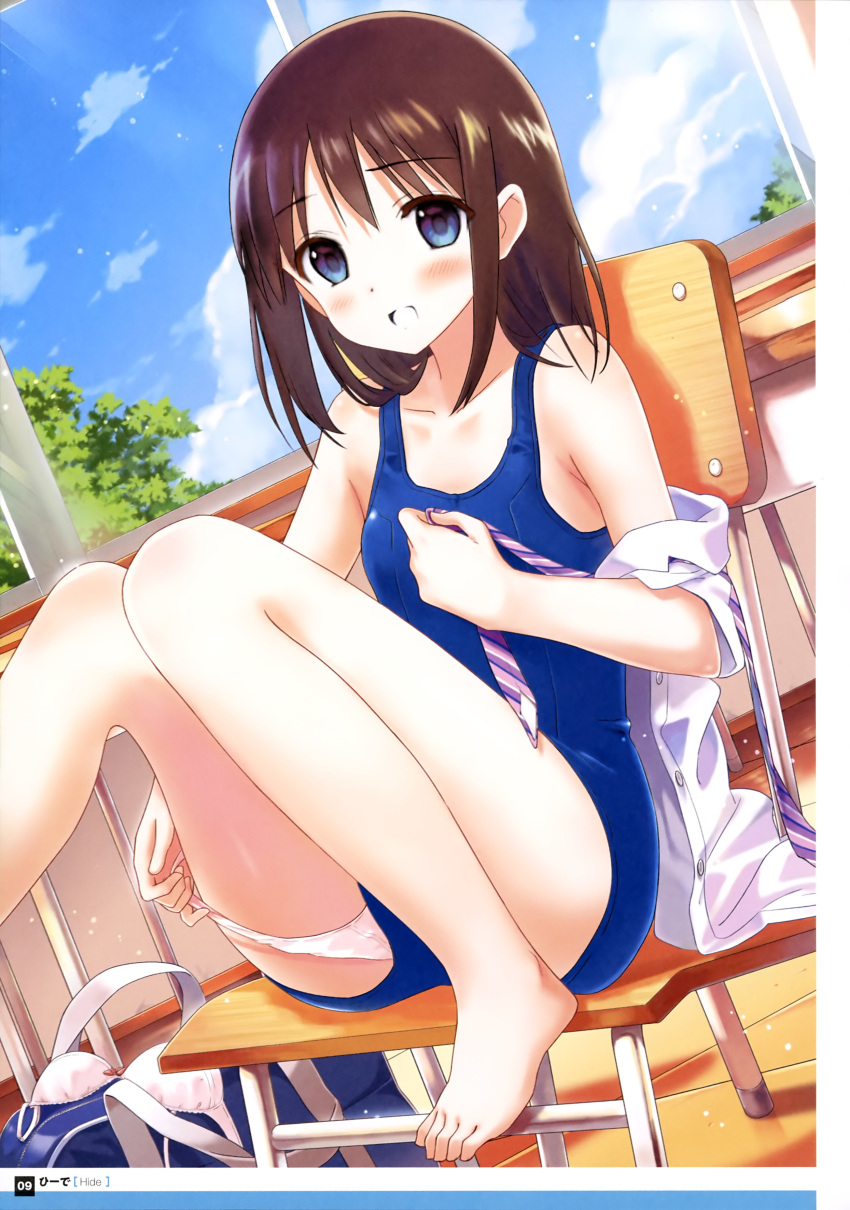 :d absurdres artist_name bag bare_legs barefoot blue_bag blue_eyes blue_sky blue_stripes blue_swimsuit blush body_blush bow bow_bra bra bra_removed brown_hair chair changing_clothes classroom cloud cloudy_sky collarbone collared_shirt day dengeki_moeou desk diagonal-striped_neckwear eyebrows_visible_through_hair eyes_visible_through_hair foot_dangle framed_image highres hiide indoors knees_together_feet_apart knees_up looking_at_viewer necktie off_shoulder official_art one-piece_swimsuit open_clothes open_mouth open_shirt original page_number panties panties_under_swimsuit panty_pull pink_bow pink_neckwear scan school_bag school_chair school_desk school_swimsuit school_uniform shirt sitting sky smile solo swimsuit tree underwear white_panties white_shirt white_stripes window