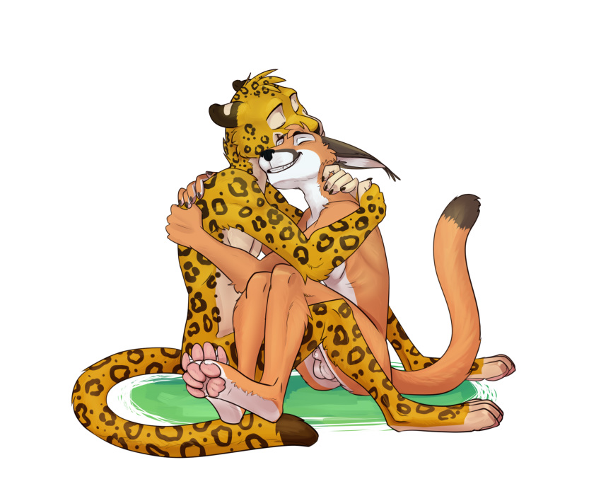 animal_genitalia anthro balls caracal cheek_tuft cuddling dipstick_tail duo ear_tuft eyes_closed feline fur hug jumanji leopard male male/male mammal multicolored_tail nude nut odu paws romantic_couple sheath smile spots spotted_fur sundari tuft