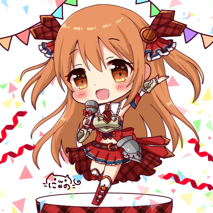 :d bangs belt belt_buckle blush boots bow brown_belt brown_eyes brown_hair buckle chibi commentary detached_sleeves eyebrows_visible_through_hair hair_between_eyes hair_ribbon head_tilt heart heart_in_eye highres holding holding_microphone knee_boots long_hair long_sleeves looking_at_viewer microphone navel nyano21 open_mouth outstretched_arm pennant plaid plaid_ribbon pleated_skirt princess_connect! princess_connect!_re:dive red_bow red_footwear red_ribbon red_shirt red_skirt ribbon sakurai_nozomi_(princess_connect) shirt signature skirt smile solo standing standing_on_one_leg string_of_flags symbol_in_eye two_side_up very_long_hair white_background