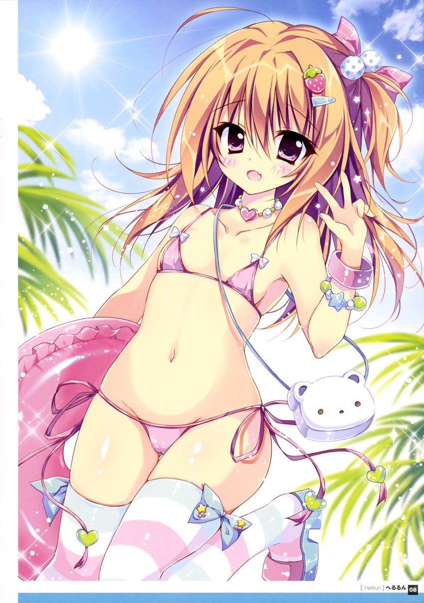 :d absurdres ahoge animal_bag artist_name ass ass_visible_through_thighs bag bare_shoulders bear_bag bikini blue_bow blue_footwear blue_sky blush body_blush bow bow_bikini bow_legwear bracelet breasts cameltoe cloud collarbone day dengeki_moeou eyebrows_visible_through_hair eyes_visible_through_hair food_themed_hair_ornament framed_image frilled frilled_innertube groin hair_between_eyes hair_bobbles hair_bow hair_ornament hairclip hand_up heart heart_necklace herurun highres holding holding_innertube innertube jewelry light_brown_hair micro_bikini multicolored multicolored_footwear multicolored_stripes navel official_art one_side_up open_mouth original outdoors page_number palm_tree pigeon-toed pink_bikini pink_bow pink_bracelet pink_eyes pink_footwear pink_frills pink_innertube sandals scan shoulder_bag side-tie_bikini skindentation sky small_breasts smile solo sparkle standing standing_on_one_leg star star_bracelet strawberry_hair_ornament striped striped_bow striped_legwear sun swimsuit themed_object thigh_gap thighhighs tongue tree v white_bag white_bow white_stripes
