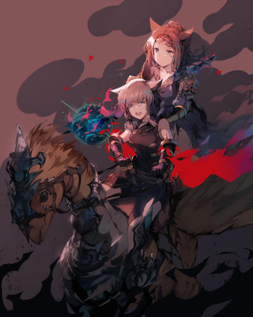 animal animal_ears blue_eyes braid brown_hair cat_ears chocobo closed_mouth facial_mark final_fantasy final_fantasy_xiv gauntlets highres holding holding_staff long_hair miqo'te multiple_girls multiple_riders natsumoka open_mouth riding short_hair sleeveless staff