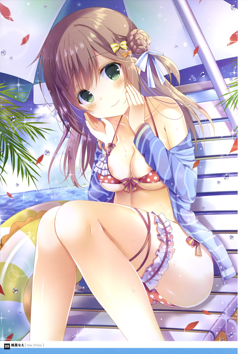absurdres areolae artist_name bangs bikini blue_sky blush bow breasts brown_hair cleavage cloud collarbone day dengeki_moeou eyebrows_visible_through_hair floating_hair green_eyes hair_between_eyes hair_bow hair_ribbon head_tilt highres innertube long_hair looking_at_viewer medium_breasts orange_bow outdoors page_number parasol polka_dot polka_dot_bikini red_bikini ribbon shiiba_nae shiny shiny_hair sitting sky solo sparkle striped striped_ribbon swimsuit thigh_strap tied_hair umbrella underboob yellow_bow