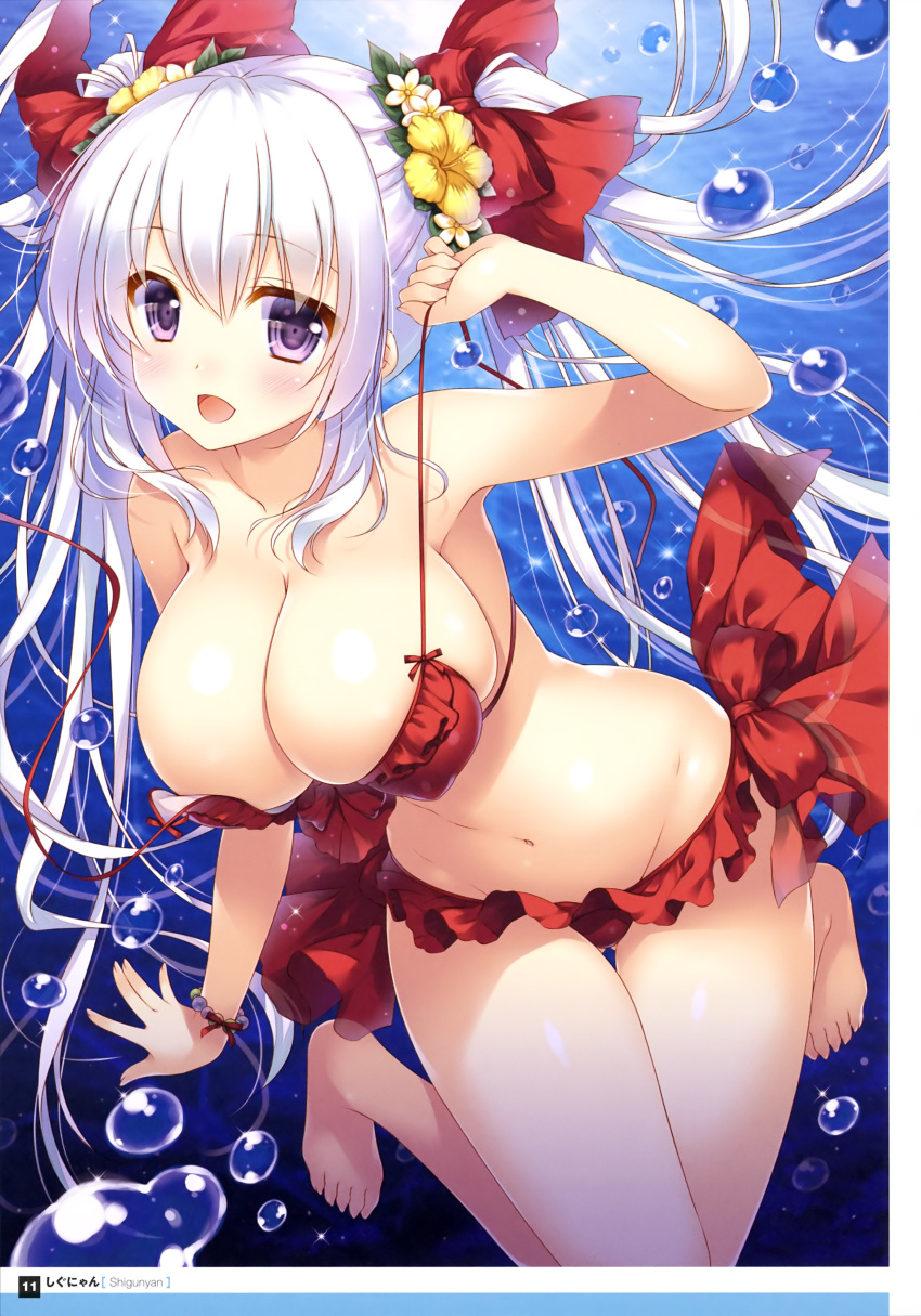 :d absurdres arm_up armpits artist_name ass_visible_through_thighs bare_legs bare_shoulders barefoot bikini blush bow bracelet breasts cleavage collarbone covered_nipples day dengeki_moeou eyebrows_visible_through_hair eyes_visible_through_hair fingernails flower framed_image frilled_bikini frills groin hair_between_eyes hair_bow hair_flower hair_ornament highres holding jewelry knees_together_feet_apart large_breasts long_hair looking_at_viewer navel official_art open_mouth original outdoors page_number pearl_bracelet purple_eyes red_bikini red_bow red_frills red_ribbon ribbon scan shigunyan side-tie_bikini skindentation smile solo sparkle sunlight swimsuit thigh_gap toenails tongue twintails underwater undressing untied untied_bikini_top water_drop white_hair wrist_ribbon yellow_flower