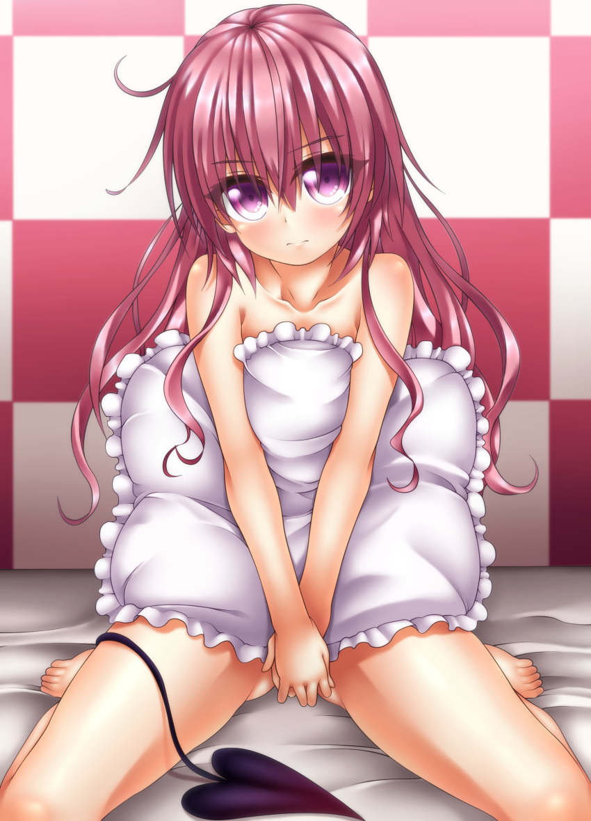 absurdres ass_visible_through_thighs bangs barefoot bed_sheet blush checkered checkered_background closed_mouth collarbone commentary_request covering covering_crotch demon_tail derivative_work eyebrows_visible_through_hair frilled_pillow frills hair_between_eyes head_tilt highres long_hair looking_at_viewer nana_asta_deviluke nude_cover oooqqq pillow pink_hair purple_eyes sitting solo tail to_love-ru very_long_hair wariza