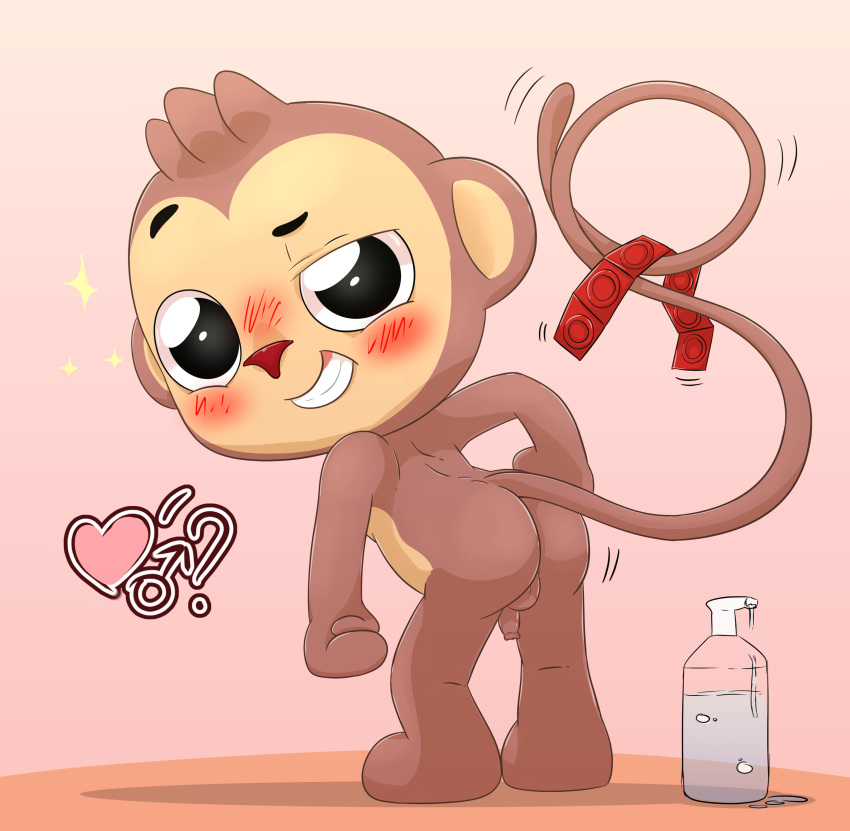 2018 anthro butt condom cub digital_media_(artwork) flaccid fur hair hau_hau hi_res looking_at_viewer male mammal monkey nude penis playkids polygon5 primate simple_background smile solo standing text young