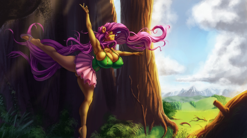 2017 anthro anthrofied ballerina big_breasts breasts cleavage clothed clothing equine female fluttershy_(mlp) friendship_is_magic hair horse long_hait maarthul mammal my_little_pony nipple_bulge outside pink_hair pony pose solo