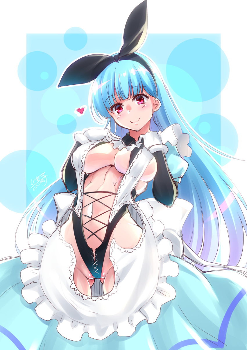 adapted_costume alice_(wonderland) alice_(wonderland)_(cosplay) apron artist_name ass_visible_through_thighs blue_dress blue_hair bow bowtie breasts c.r. cameltoe cleavage cosplay dress frilled_apron frills gloves hair_ribbon heart highres hips kula_diamond large_breasts leotard long_hair long_sleeves maid midriff navel navel_cutout partially_visible_vulva red_eyes ribbon smile snk snk_heroines:_tag_team_frenzy solo straight_hair the_king_of_fighters