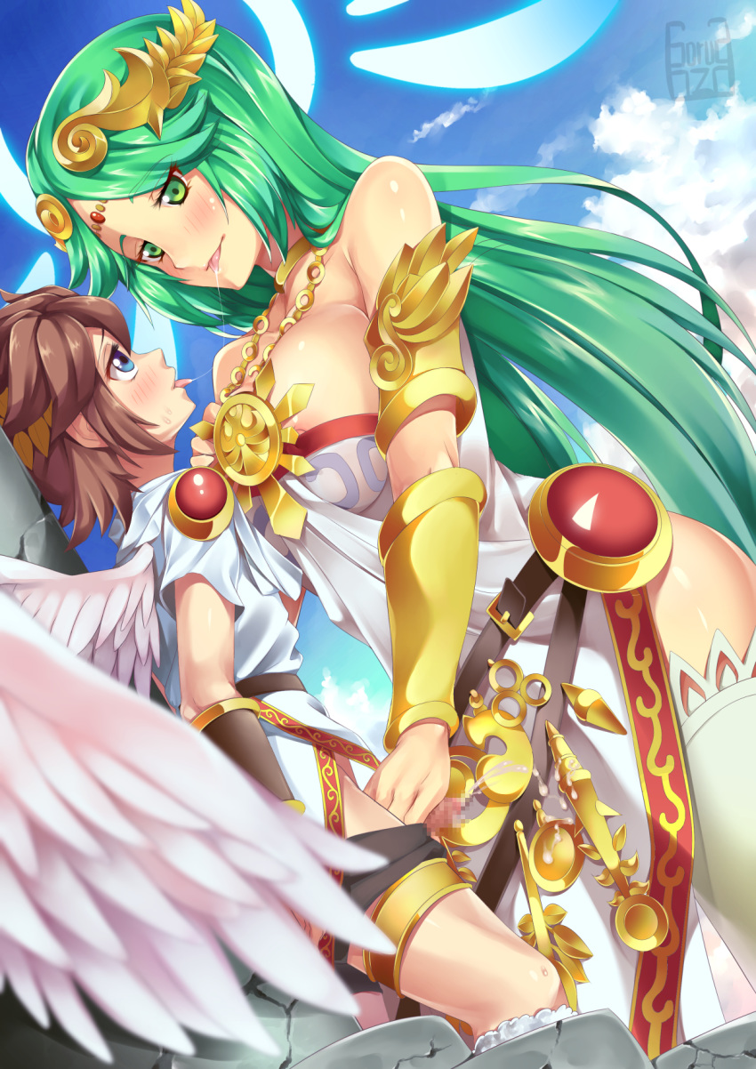 1girl age_difference angel_wings belt blue_eyes blurry breasts brown_hair censored cum cum_on_clothes depth_of_field dress ejaculation erection eye_contact gorudazo green_eyes green_hair handjob hetero highres jewelry kid_icarus kid_icarus_uprising large_breasts long_hair looking_at_another mosaic_censoring nipple_slip nipples palutena penis pit_(kid_icarus) saliva saliva_trail shorts shorts_pull very_long_hair wings