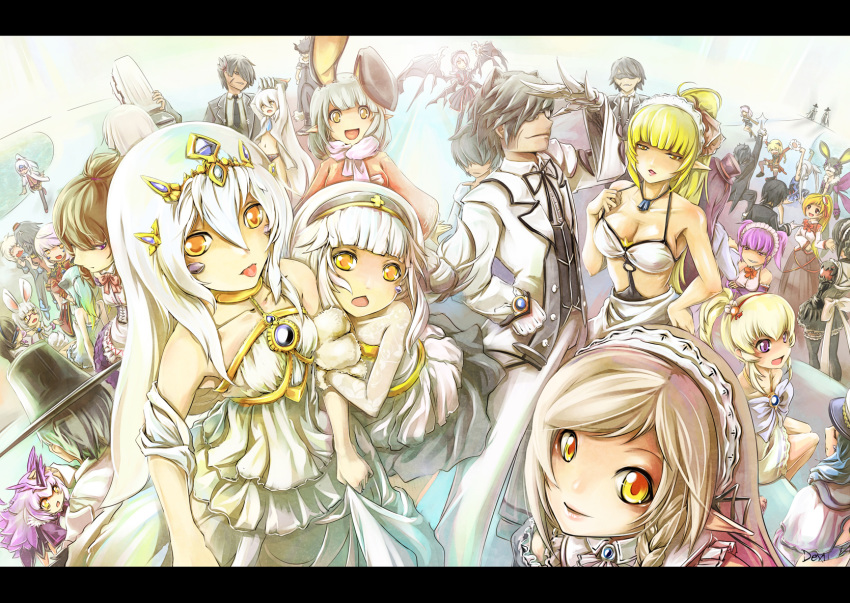 6+girls :d :p aisha_(elsword) alternate_costume animal_ears ariel_(elsword) armpits bangs bare_shoulders black_hair blonde_hair blunt_bangs breasts brooch brown_eyes brown_hair bunny_ears camilla_(elsword) chloe_(elsword) cleavage closed_mouth collarbone dress elf elsword enmaided eve_(elsword) everyone facial_mark formal frilled_dress frills glasses green_hair group_picture hair_between_eyes hair_ornament hairband hand_on_hip hand_up hat highres horns hug jewelry large_breasts letterboxed long_hair looking_at_another looking_at_viewer maid maid_headdress mechanical_arm multiple_boys multiple_girls multiple_persona necklace necktie open_mouth pointing pointing_up pointy_ears ponytail purple_eyes purple_hair raven_(elsword) rena_(elsword) revealing_clothes ribbon scarf servati shawl shirt short_hair sidelocks silver_hair smile tongue tongue_out top_hat tuxedo twintails very_long_hair white_dress white_ribbon white_shirt wing_collar wings yellow_eyes