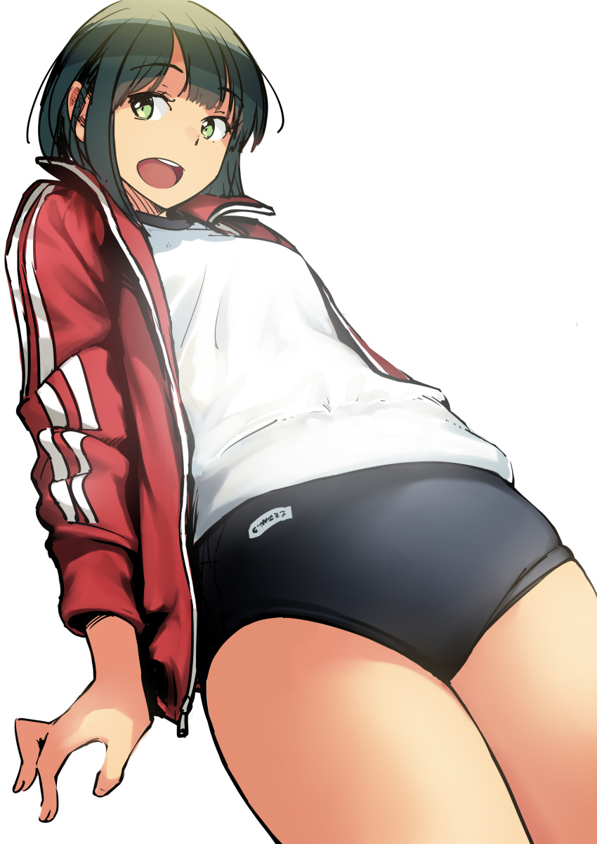 absurdres black_hair blue_buruma buruma from_below green_eyes gym_uniform highres jacket looking_at_viewer looking_down open_mouth original short_hair solo track_jacket twinpoo white_background