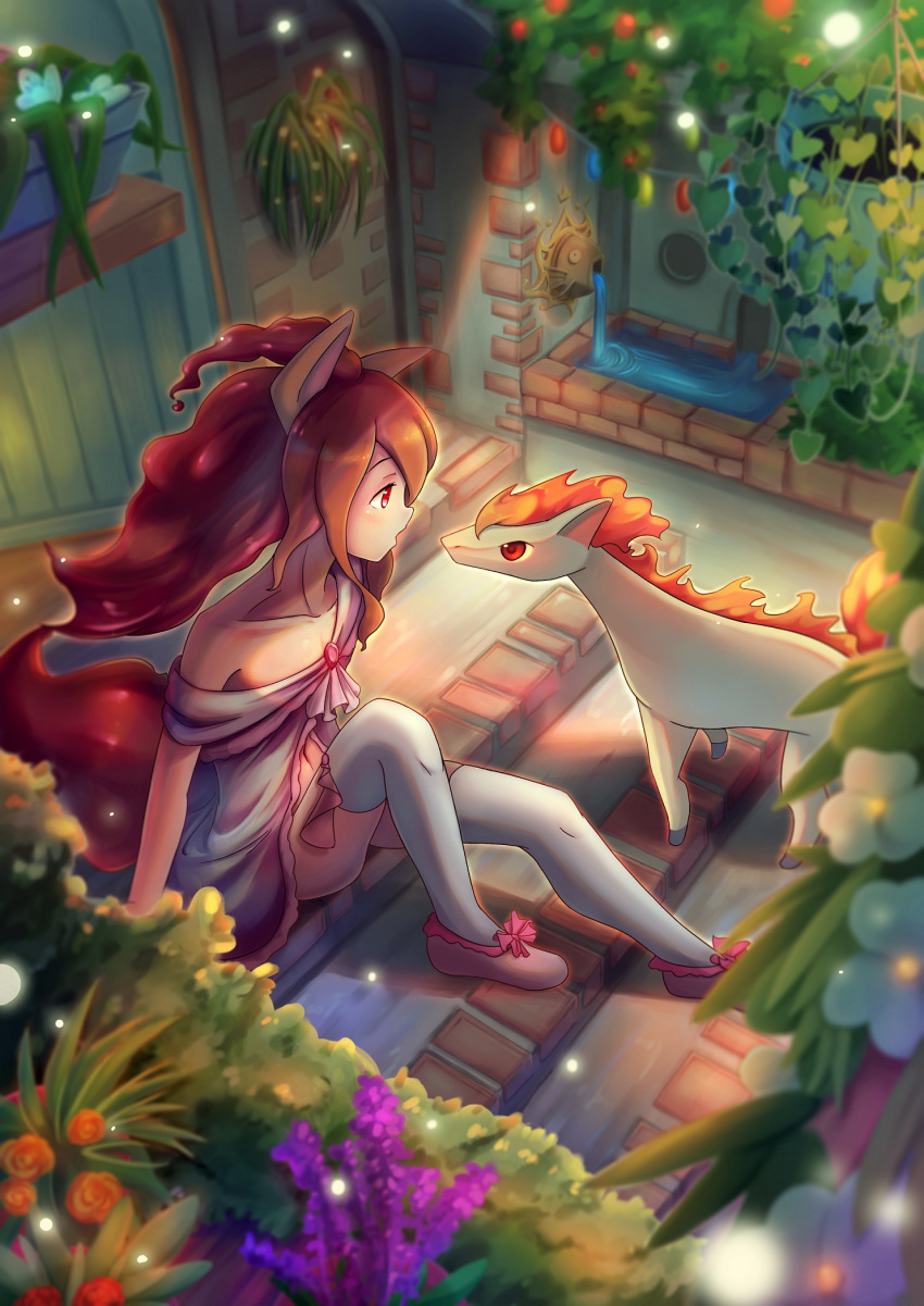 animal_ears bai_qiao ballet_slippers brown_hair collarbone doorway eye_contact fountain from_above gargoyle hair_between_eyes highres horse_ears long_hair looking_at_another magikarp moemon off_shoulder personification pink_footwear plant pokemon pokemon_(creature) ponyta potted_plant red_eyes sitting sitting_on_stairs stairs tail themed_object water white_legwear