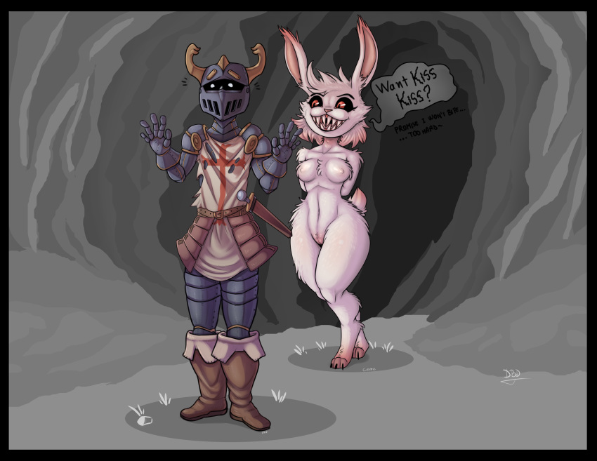 anthro armor breasts devilbluedragon dialogue duo english_text female fur lagomorph male mammal melee_weapon monty_python monty_python_and_the_holy_grail pussy rabbit rabbit_of_caerbannog red_eyes sharp_teeth smile sword teeth text weapon