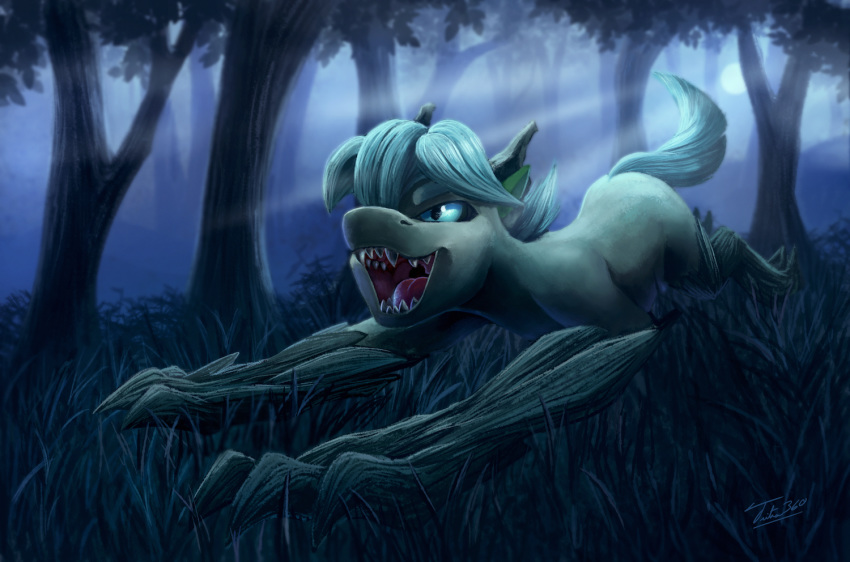 2018 blue_eyes blue_hair canine cool_colors detailed_background digital_media_(artwork) equine feral forest grass hair horse mammal night open_mouth outside pony solo teeth timber_wolf tongue tree tsitra360 wolf