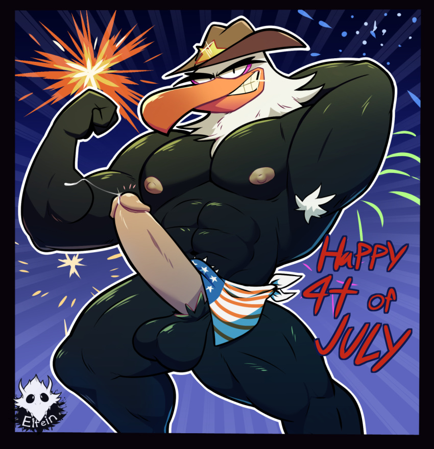 angry_birds anthro avian balls bandanna big_balls big_penis bird cowboy_hat eagle elfein erection fireworks fourth_of_july hat looking_at_viewer male manly mighty_eagle mostly_nude muscular muscular_male nipples penis pose precum solo teeth united_states_of_america video_games