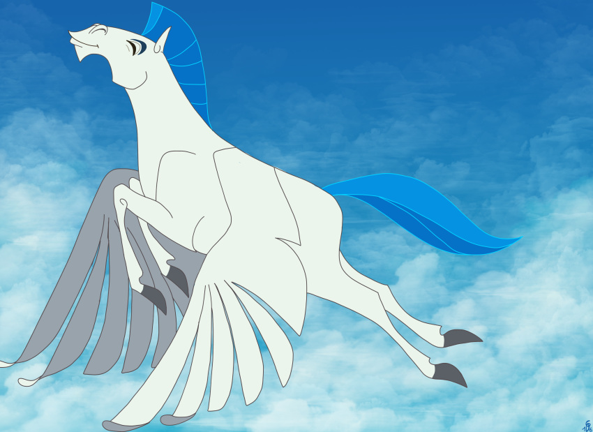 2016 blue_mane digital_drawing_(artwork) digital_media_(artwork) disney equine eyes_closed feral flying gwyndor hercules_(series) hooves mammal pegasus pegasus_(disney) side_view sky smile white_body wings