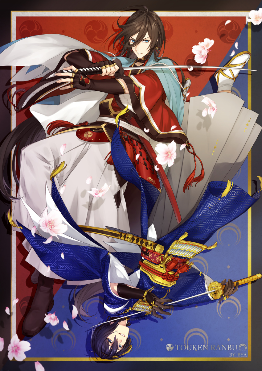 black_hair blue_eyes boots byakuya0315 cherry_blossoms crescent flower hakama highres izumi-no-kami_kanesada japanese_clothes katana long_hair male_focus mikazuki_munechika mitsudomoe_(shape) multiple_boys rotational_symmetry sayagata sword tabi tomoe_(symbol) touken_ranbu upside-down weapon