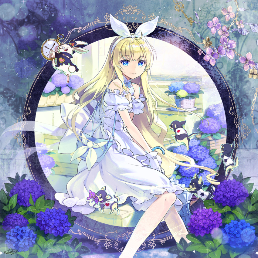 alice_(wonderland) alice_in_wonderland animal bag bangs bare_shoulders black_hat blonde_hair blue_eyes blue_flower character_doll character_name cheshire_cat closed_mouth clothed_animal club_(shape) commentary_request dated detached_sleeves diamond_(shape) dog dress eyebrows_visible_through_hair flower hair_ribbon hairband hat heart highres hydrangea key long_hair looking_at_viewer looking_to_the_side mouth_hold pocket_watch puffy_short_sleeves puffy_sleeves purple_flower ribbon sanbasou short_sleeves shoulder_bag signature sitting sleeveless sleeveless_dress solo spade_(shape) striped stuffed_animal stuffed_cat stuffed_toy top_hat very_long_hair watch white_dress white_hairband white_rabbit white_ribbon