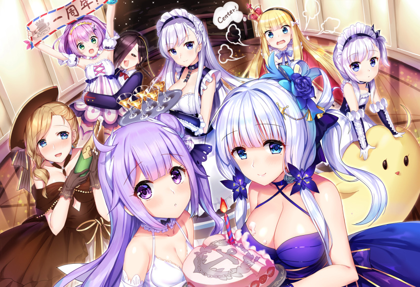 :d :o =3 =_= alcohol anchor_symbol anniversary ark_royal_(azur_lane) asymmetrical_bangs azur_lane bangs bare_shoulders belchan_(azur_lane) belfast_(azur_lane) bell black_ribbon blonde_hair blue_eyes blue_flower blue_jacket blue_rose blush bottle bow breast_press breasts brown_dress brown_hair brown_hat cake champagne champagne_bottle cleavage closed_mouth cocktail_glass collarbone commentary_request criss-cross_halter crown cup detached_sleeves dress drinking_glass dutch_angle elbow_gloves emblem english eyebrows_visible_through_hair fang flower food food_on_body food_on_breasts gloves glowing gold_trim green_eyes hair_bell hair_between_eyes hair_bow hair_bun hair_flower hair_ornament hair_over_one_eye hair_ribbon hairband halterneck hat holding holding_bottle holding_tray hood_(azur_lane) hug illustrious_(azur_lane) indoors jacket javelin_(azur_lane) large_breasts long_hair looking_at_viewer maid maid_headdress martini messy mini_crown multiple_girls one_side_up open_mouth parted_lips ponytail puffy_short_sleeves puffy_sleeves purple_dress purple_eyes purple_hair queen_elizabeth_(azur_lane) revision ribbon rose short_sleeves side_bun silver15 silver_hair small_breasts smile strapless strapless_dress striped striped_hairband thought_bubble translation_request tray unicorn_(azur_lane) v-shaped_eyebrows very_long_hair wavy_mouth white_bow white_dress white_gloves younger