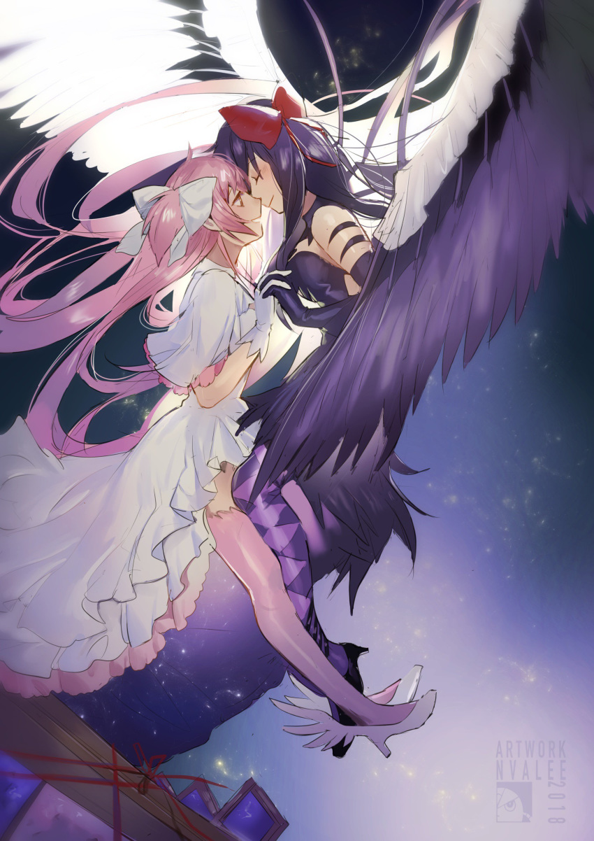 2girls absurdres akemi_homura akuma_homura breasts closed_eyes commentary dated dutch_angle elbow_gloves english_commentary feathers gloves hair_ribbon high_heels highres holding_hands kaname_madoka long_hair mahou_shoujo_madoka_magica mahou_shoujo_madoka_magica_movie medium_breasts multiple_girls pink_hair pink_legwear purple_eyes red_ribbon ribbon shoes thighhighs ultimate_madoka velahka watermark white_gloves white_ribbon winged_shoes wings yellow_eyes yuri