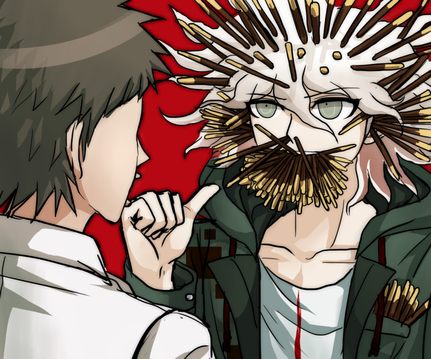 breast_pocket brown_hair commentary danganronpa food green_eyes hinata_hajime hood hoodie in_nose komaeda_nagito multiple_boys pocket pocky super_danganronpa_2 tezurumozuru thumbs_up too_many white_hair