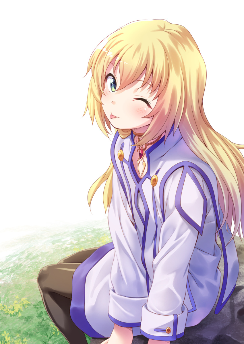 black_legwear blonde_hair collet_brunel day from_side green_eyes hair_between_eyes highres jewelry long_hair looking_at_viewer necklace one_eye_closed outdoors shiny shiny_clothes sitting solo tales_of_(series) tales_of_symphonia tenkuu_nozora tongue tongue_out white_background